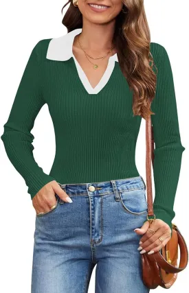 Poetsky Women's Long Sleeve V Neck Shirts 2024 Fall Ribbed Knit Sweater Slim Fit Basic Casual Tee Tops