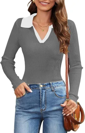 Poetsky Women's Long Sleeve V Neck Shirts 2024 Fall Ribbed Knit Sweater Slim Fit Basic Casual Tee Tops