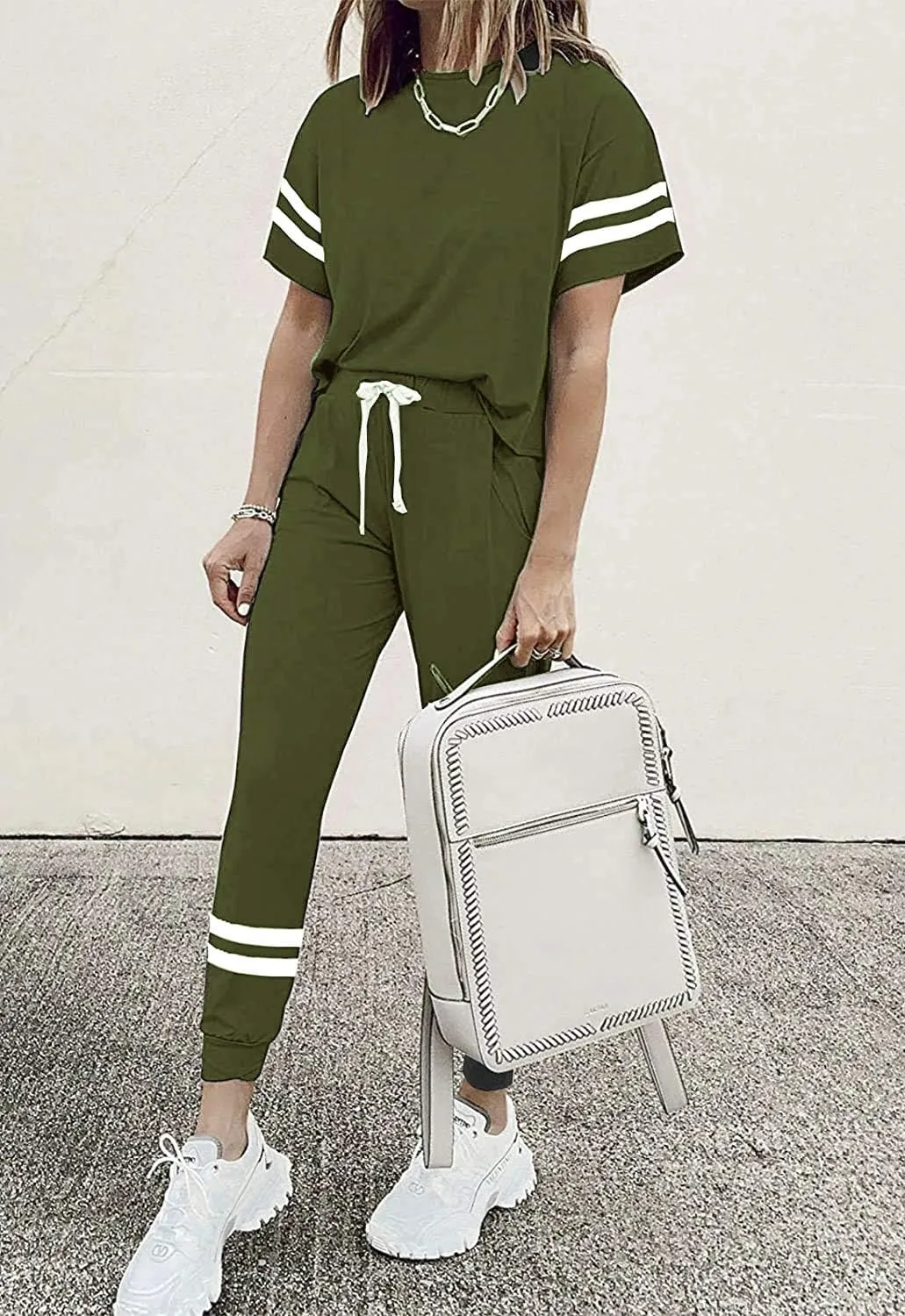 PRETTYGARDEN Women Summer Two Piece Outfits Striped Short Sleeve Pullover and Long Pants Tracksuit Travel Pajama Lounge Set