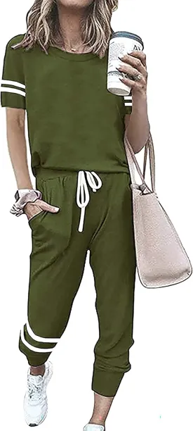PRETTYGARDEN Women Summer Two Piece Outfits Striped Short Sleeve Pullover and Long Pants Tracksuit Travel Pajama Lounge Set