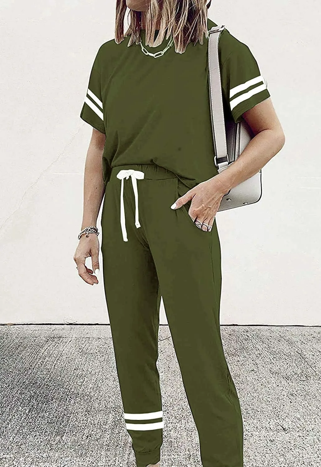 PRETTYGARDEN Women Summer Two Piece Outfits Striped Short Sleeve Pullover and Long Pants Tracksuit Travel Pajama Lounge Set
