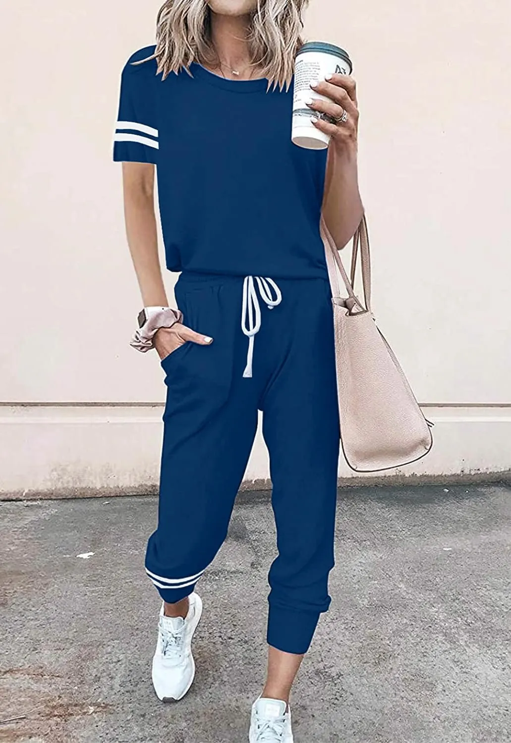 PRETTYGARDEN Women Summer Two Piece Outfits Striped Short Sleeve Pullover and Long Pants Tracksuit Travel Pajama Lounge Set