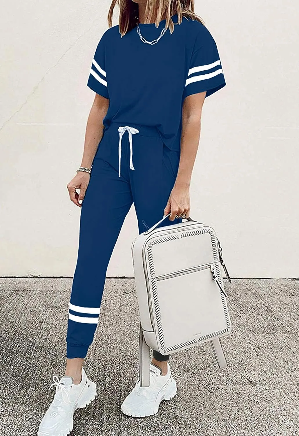 PRETTYGARDEN Women Summer Two Piece Outfits Striped Short Sleeve Pullover and Long Pants Tracksuit Travel Pajama Lounge Set