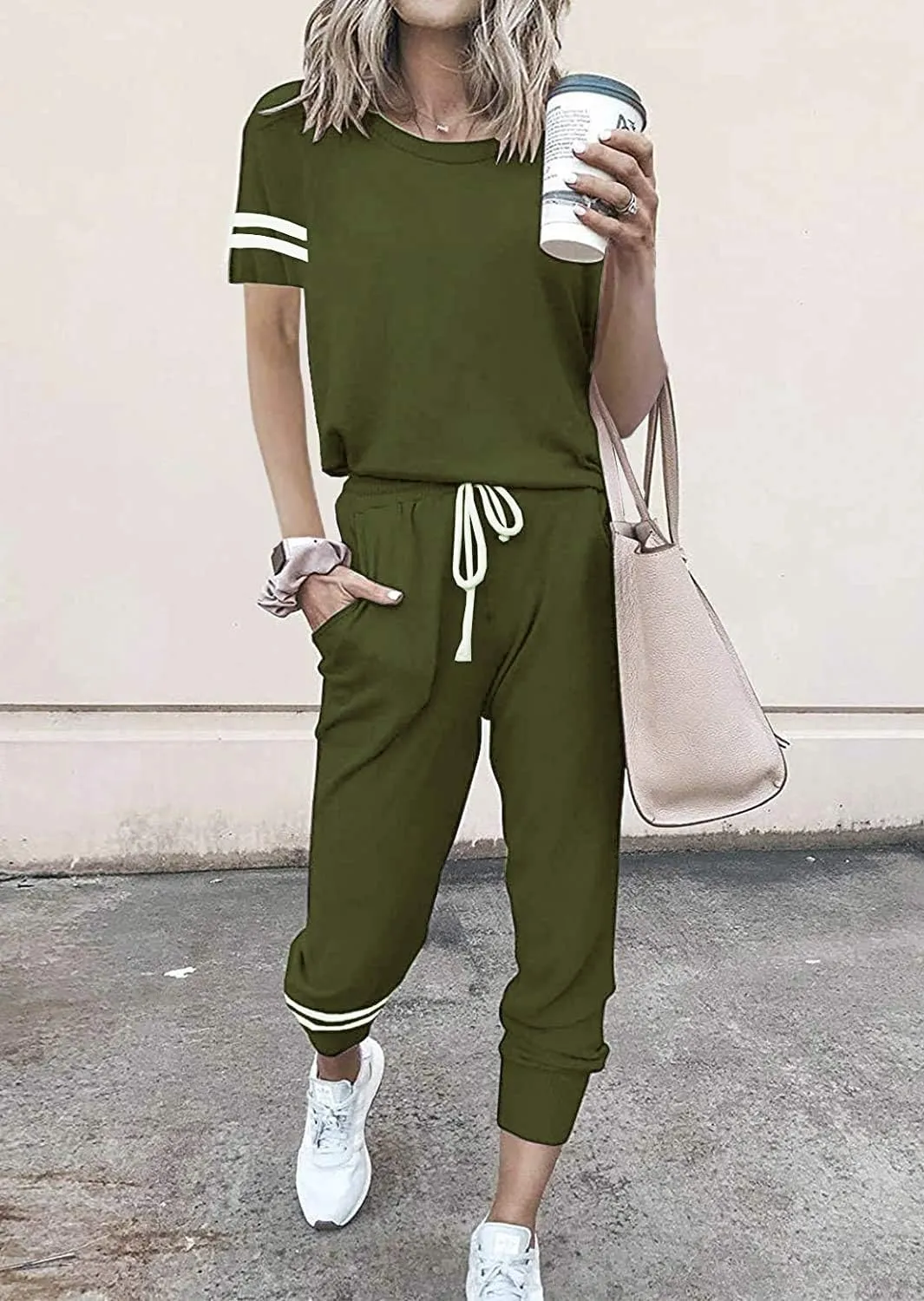 PRETTYGARDEN Women Summer Two Piece Outfits Striped Short Sleeve Pullover and Long Pants Tracksuit Travel Pajama Lounge Set