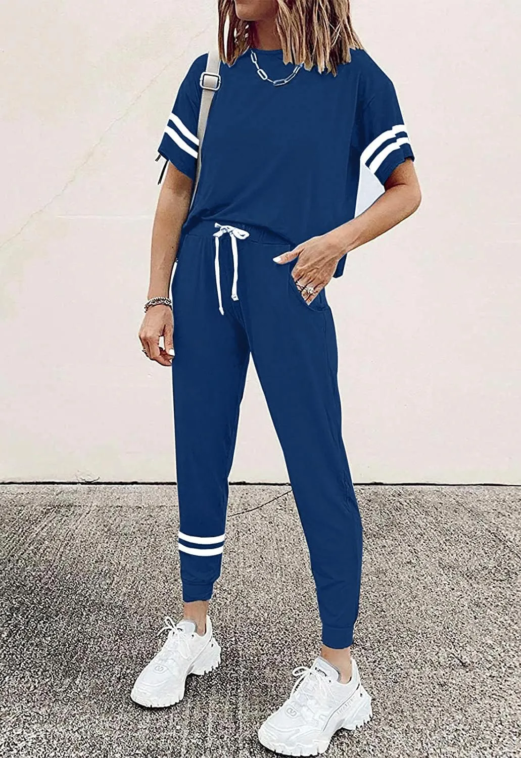 PRETTYGARDEN Women Summer Two Piece Outfits Striped Short Sleeve Pullover and Long Pants Tracksuit Travel Pajama Lounge Set