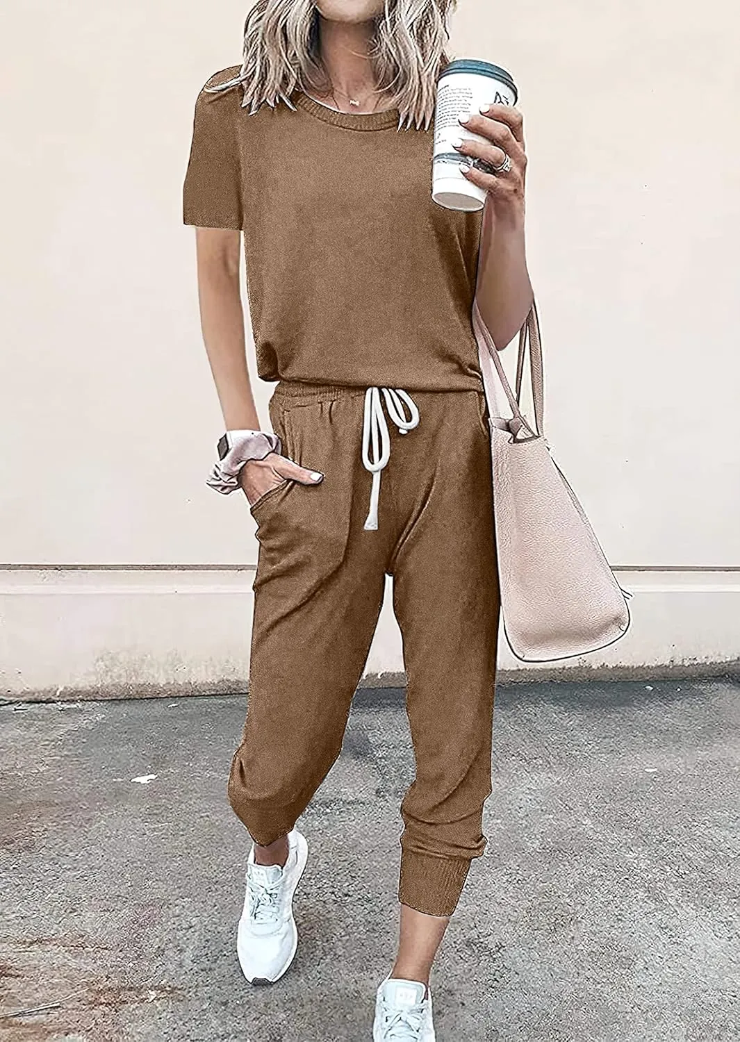 PRETTYGARDEN Women Summer Two Piece Outfits Striped Short Sleeve Pullover and Long Pants Tracksuit Travel Pajama Lounge Set