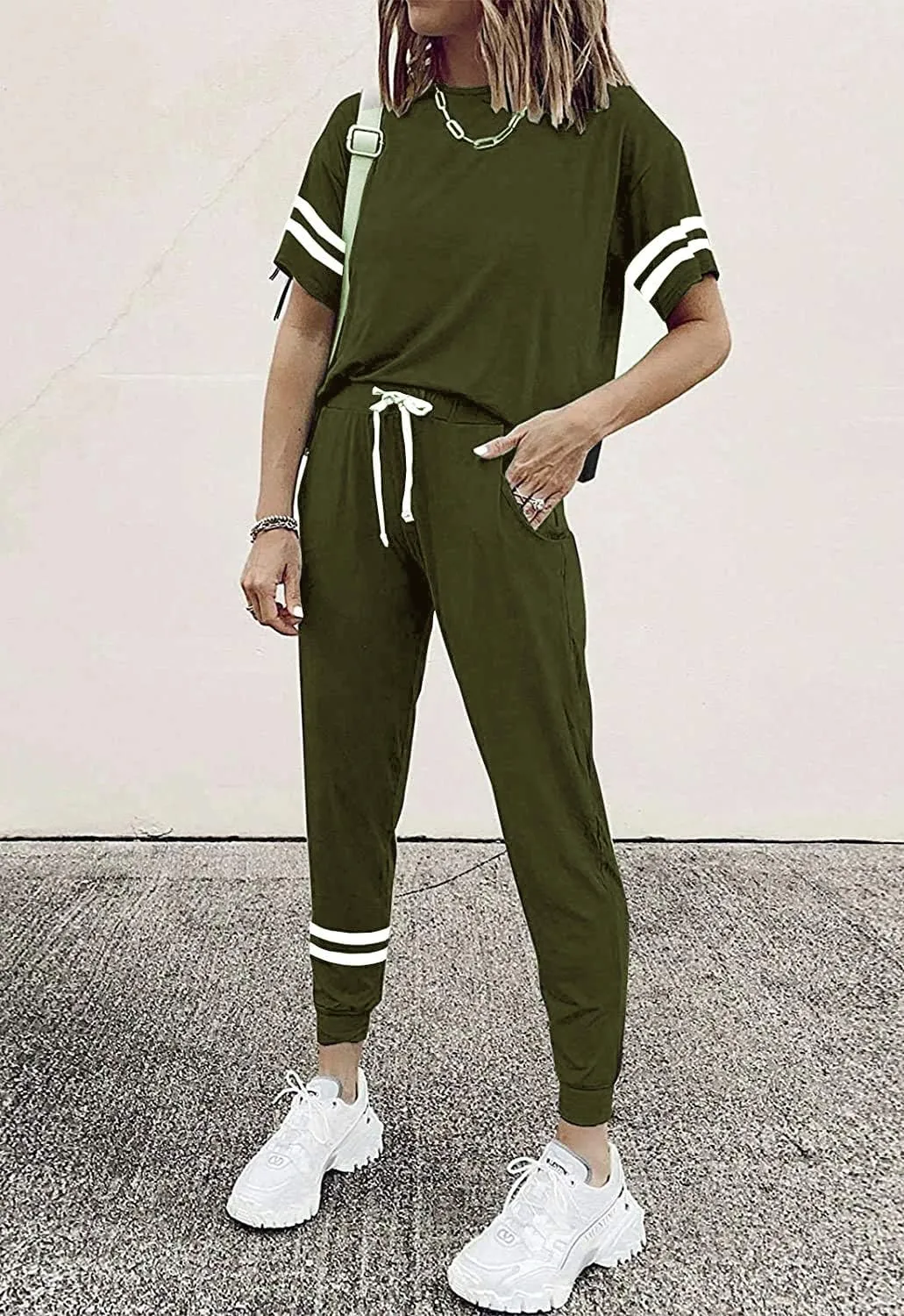 PRETTYGARDEN Women Summer Two Piece Outfits Striped Short Sleeve Pullover and Long Pants Tracksuit Travel Pajama Lounge Set