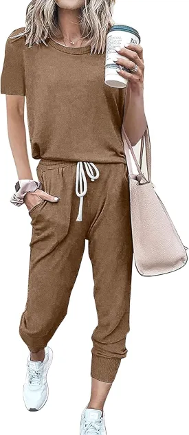 PRETTYGARDEN Women Summer Two Piece Outfits Striped Short Sleeve Pullover and Long Pants Tracksuit Travel Pajama Lounge Set