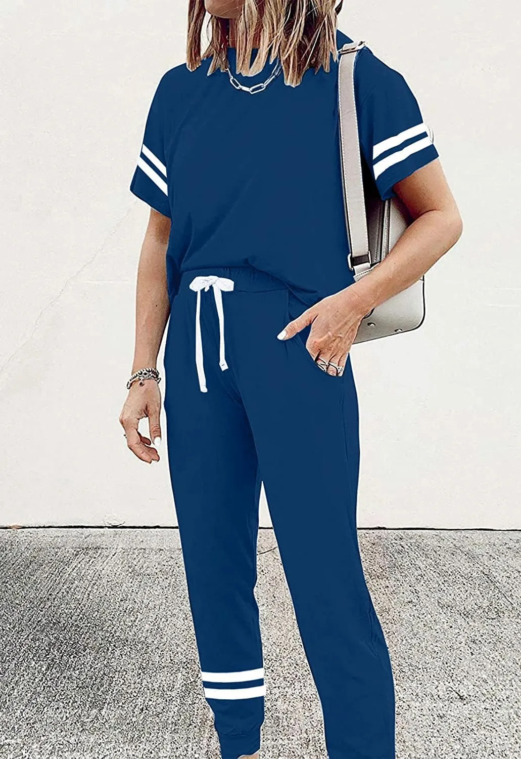 PRETTYGARDEN Women Summer Two Piece Outfits Striped Short Sleeve Pullover and Long Pants Tracksuit Travel Pajama Lounge Set