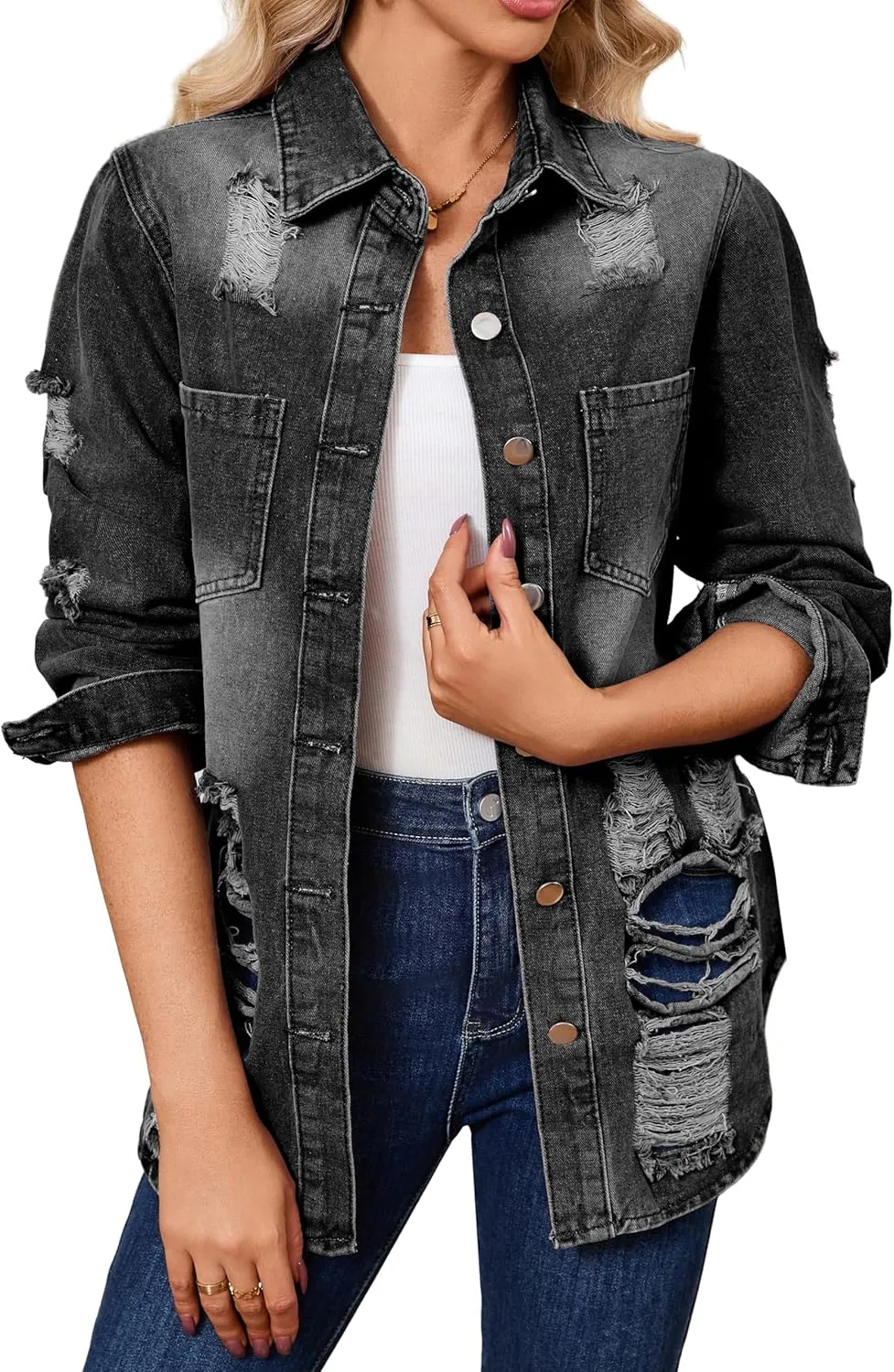 sexycherry Denim Jacket for Women Long Sleeve Classic Trucker Jeans Long Coat Outwear with Pockets