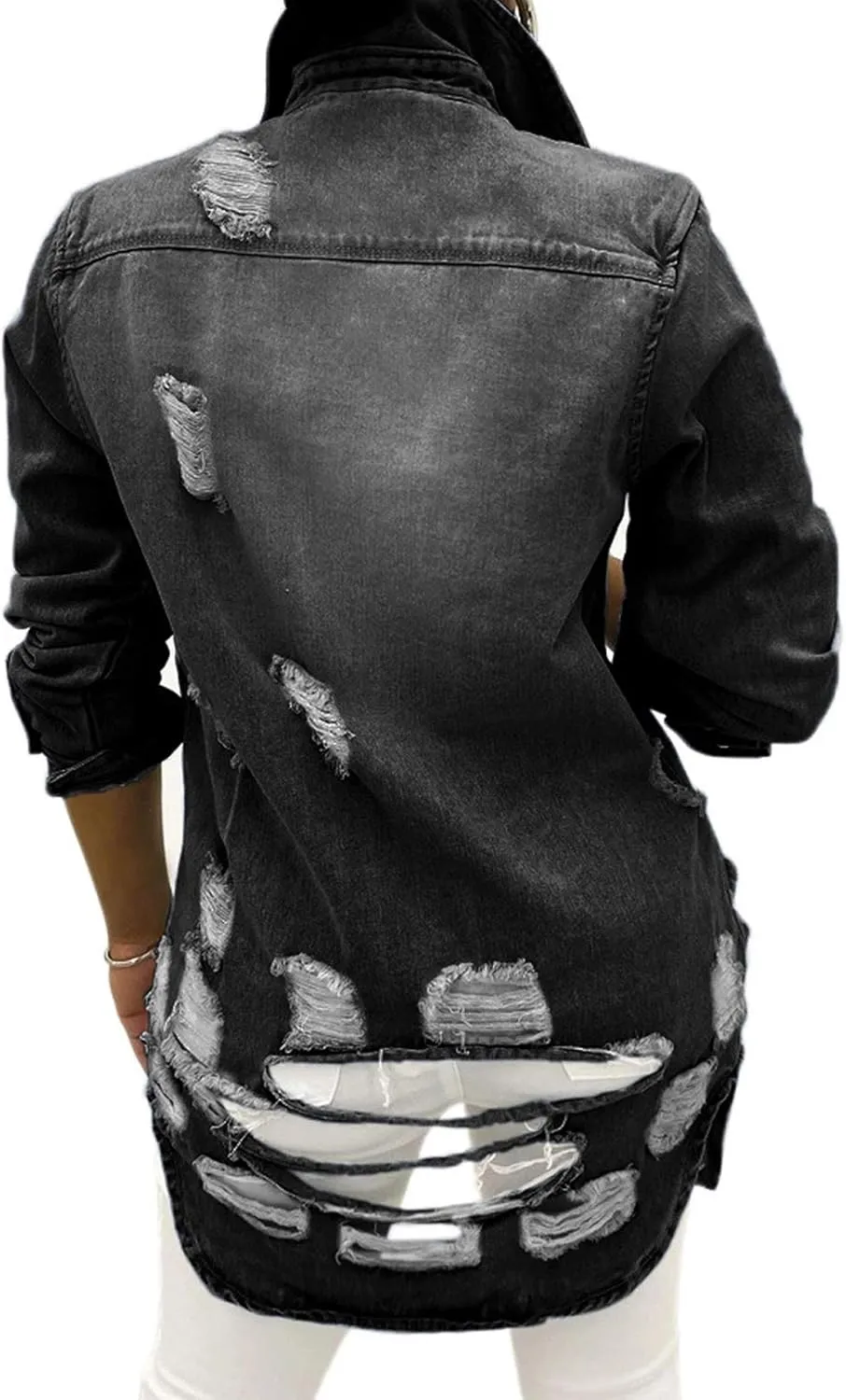 sexycherry Denim Jacket for Women Long Sleeve Classic Trucker Jeans Long Coat Outwear with Pockets