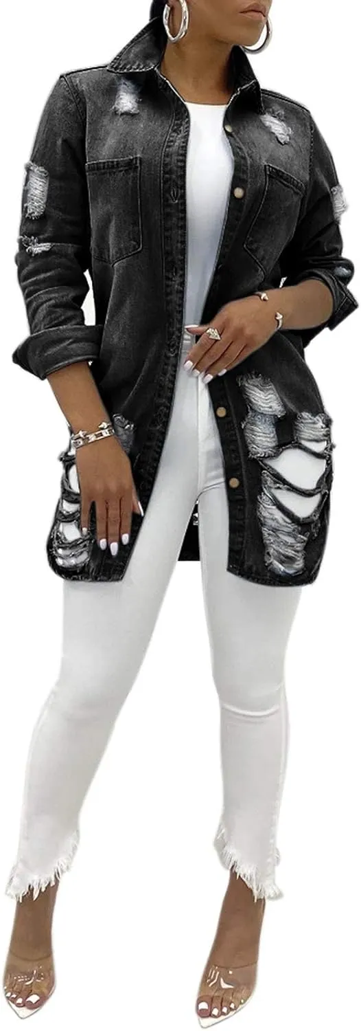 sexycherry Denim Jacket for Women Long Sleeve Classic Trucker Jeans Long Coat Outwear with Pockets