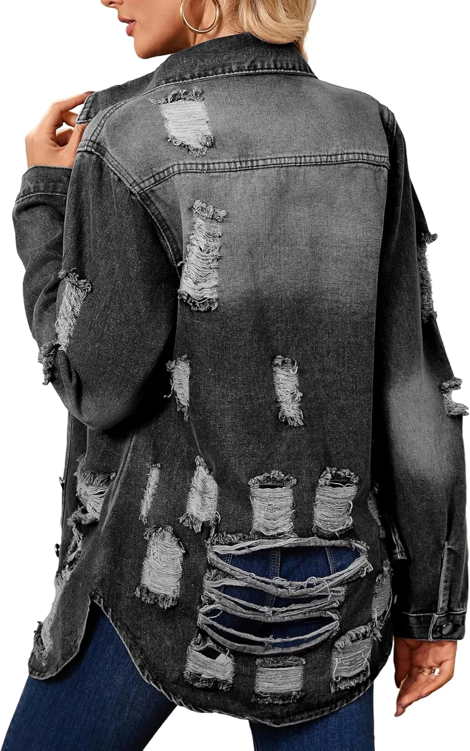 sexycherry Denim Jacket for Women Long Sleeve Classic Trucker Jeans Long Coat Outwear with Pockets
