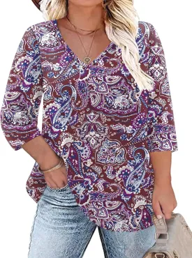 TFSDOD Womens Plus Size Tops V Neck T Shirts 3/4 Sleeve Blouse Summer Casual Tees XL-5X