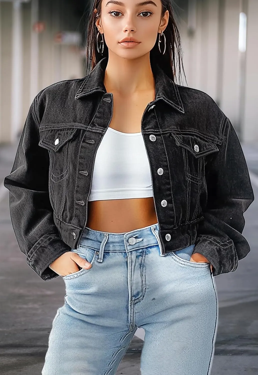 Trendy Washed Cropped Jean Jacket for Women - Short Denim Jacket in Black, Gray, Blue
