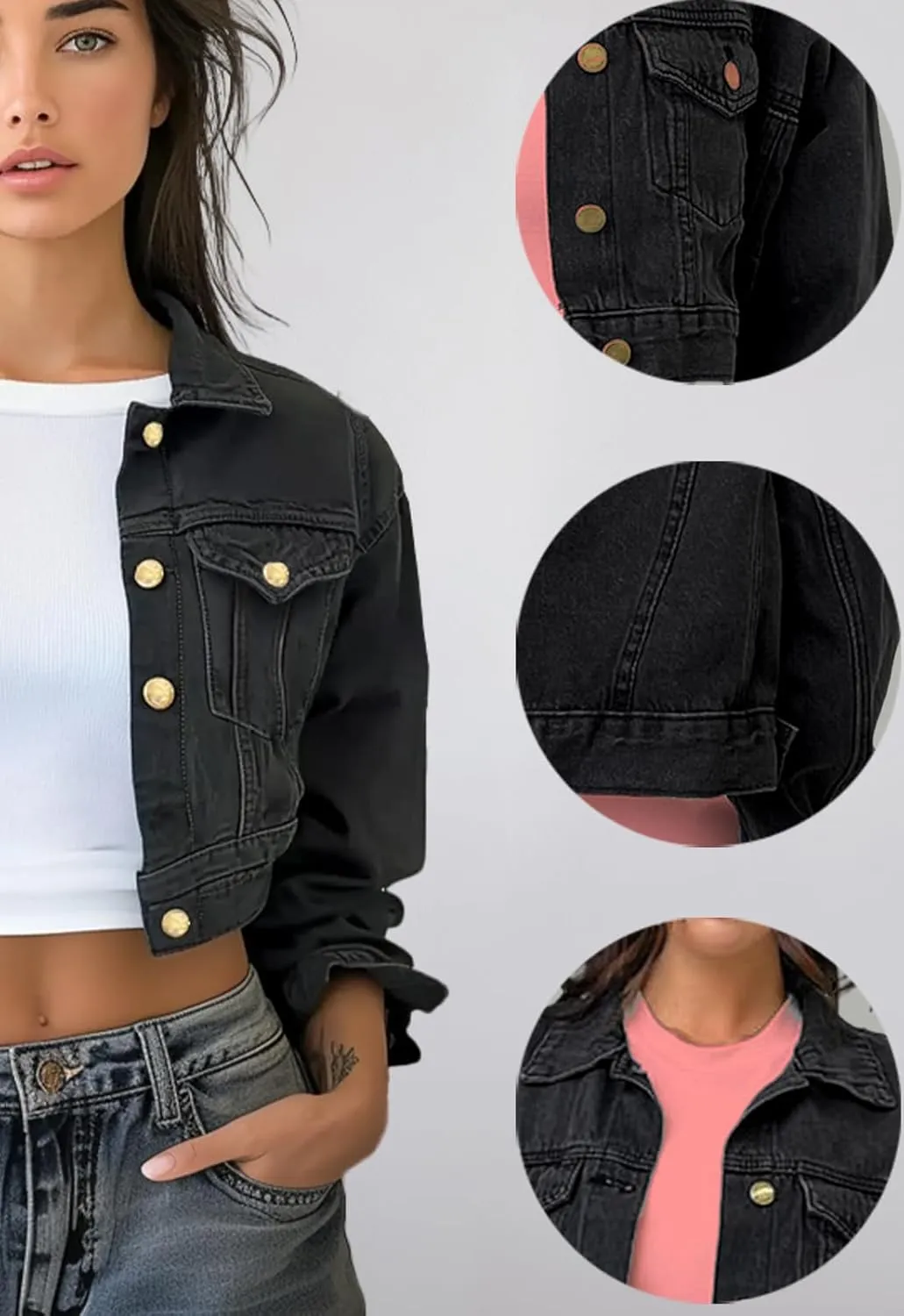 Trendy Washed Cropped Jean Jacket for Women - Short Denim Jacket in Black, Gray, Blue