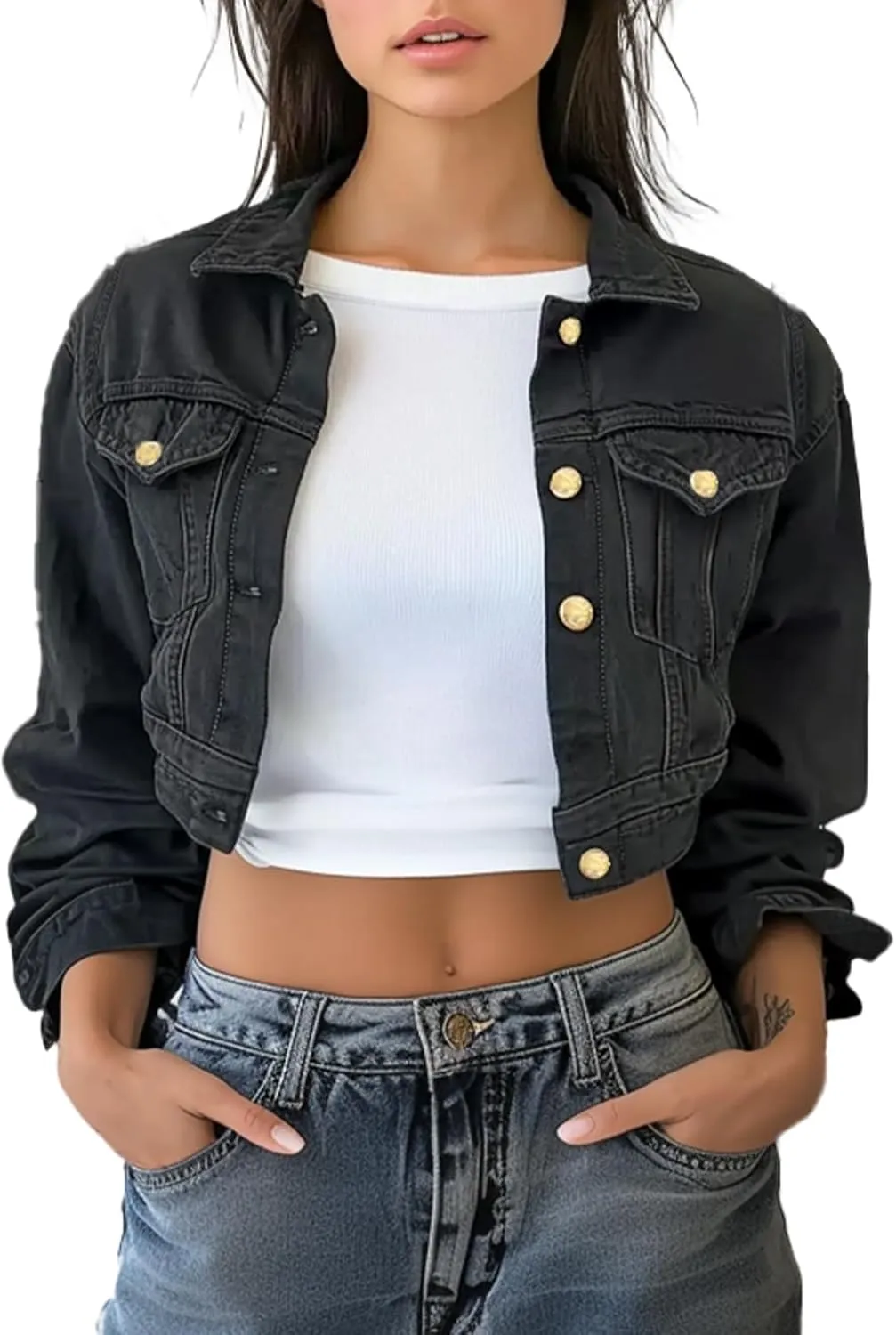 Trendy Washed Cropped Jean Jacket for Women - Short Denim Jacket in Black, Gray, Blue