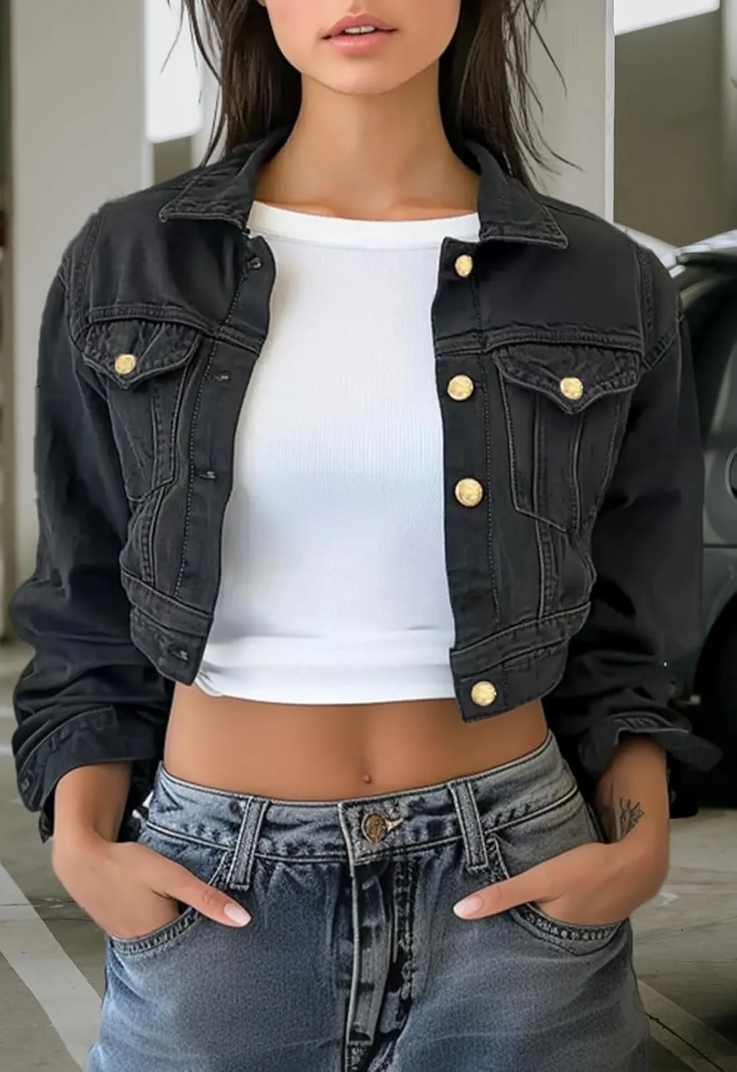 Trendy Washed Cropped Jean Jacket for Women - Short Denim Jacket in Black, Gray, Blue