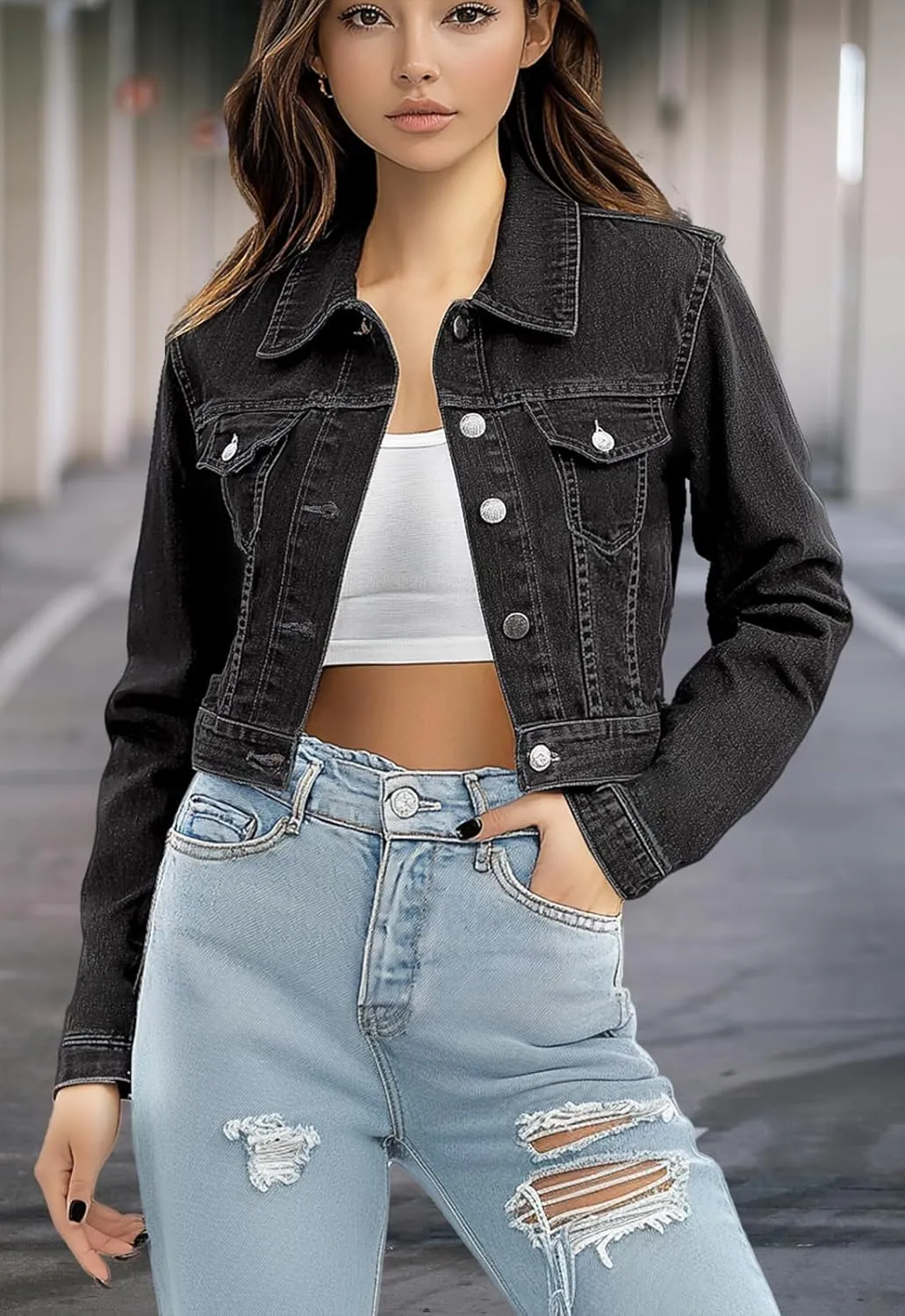 Trendy Washed Cropped Jean Jacket for Women - Short Denim Jacket in Black, Gray, Blue