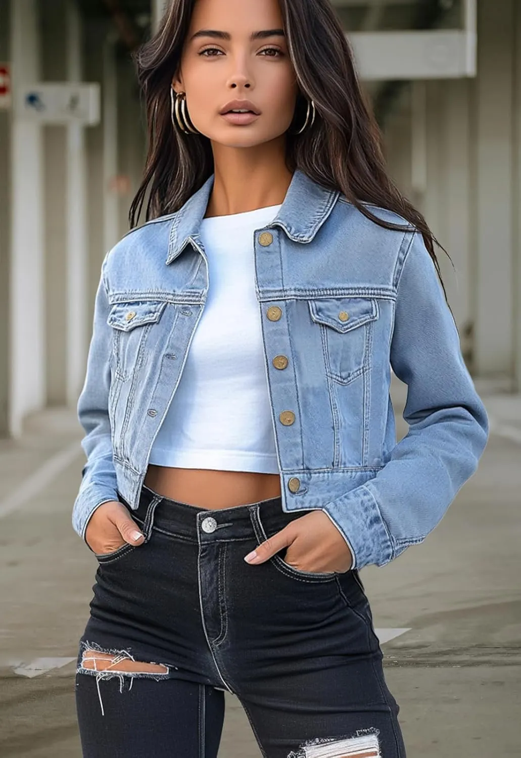 Trendy Washed Cropped Jean Jacket for Women - Short Denim Jacket in Black, Gray, Blue