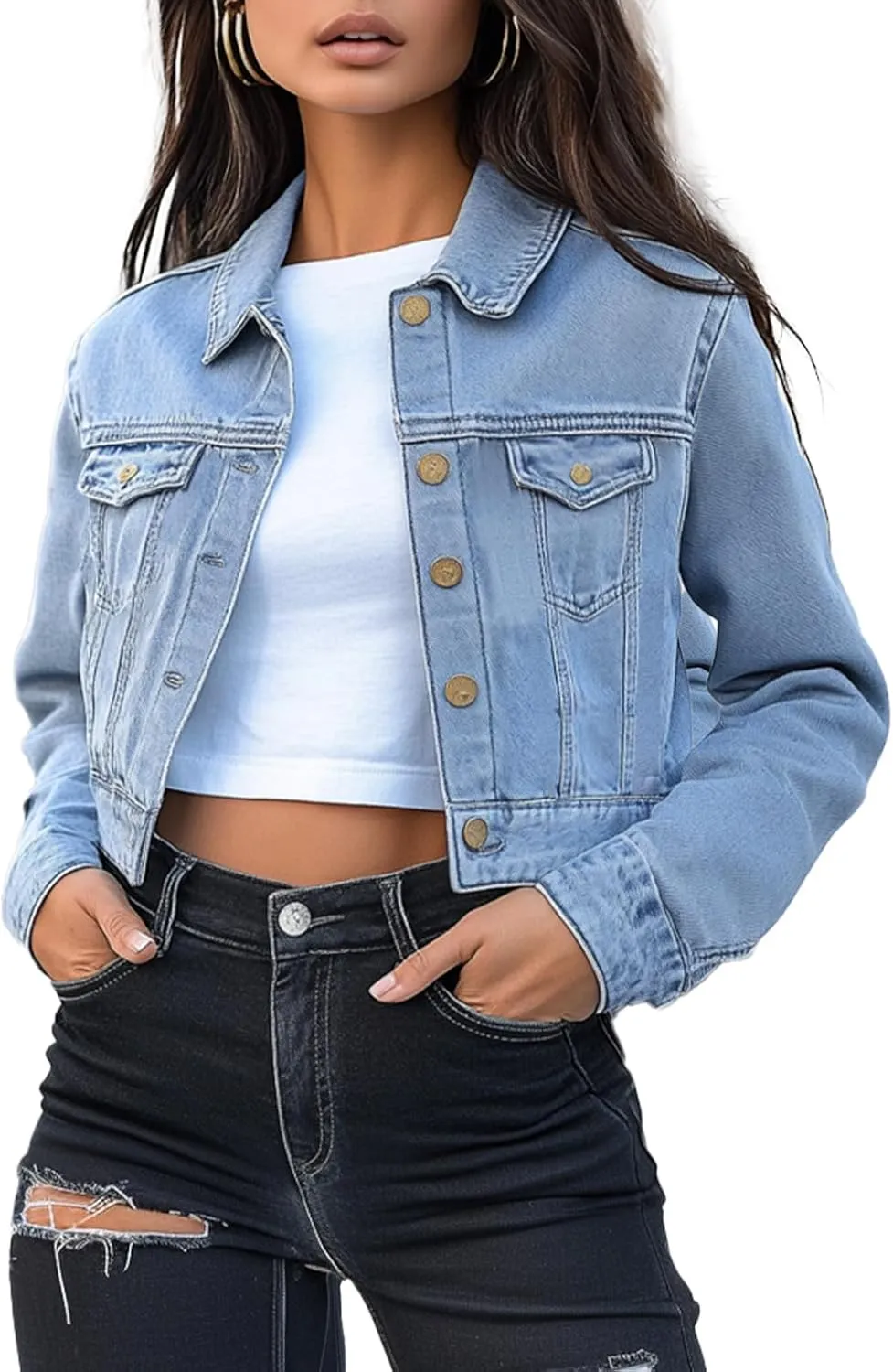 Trendy Washed Cropped Jean Jacket for Women - Short Denim Jacket in Black, Gray, Blue