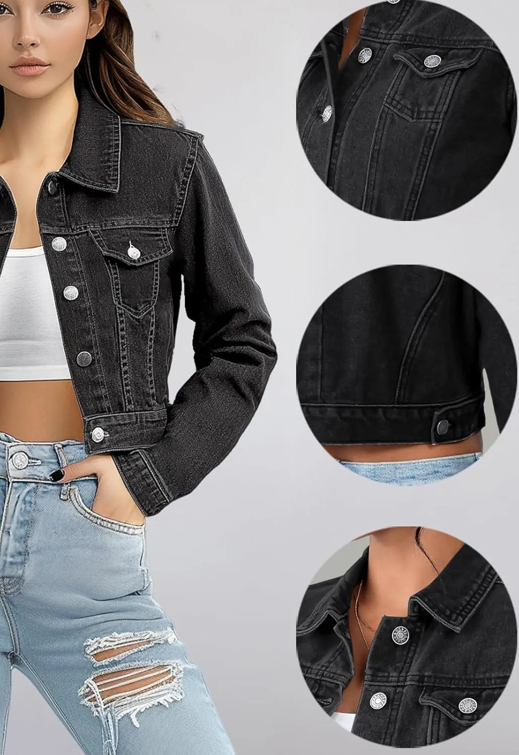 Trendy Washed Cropped Jean Jacket for Women - Short Denim Jacket in Black, Gray, Blue