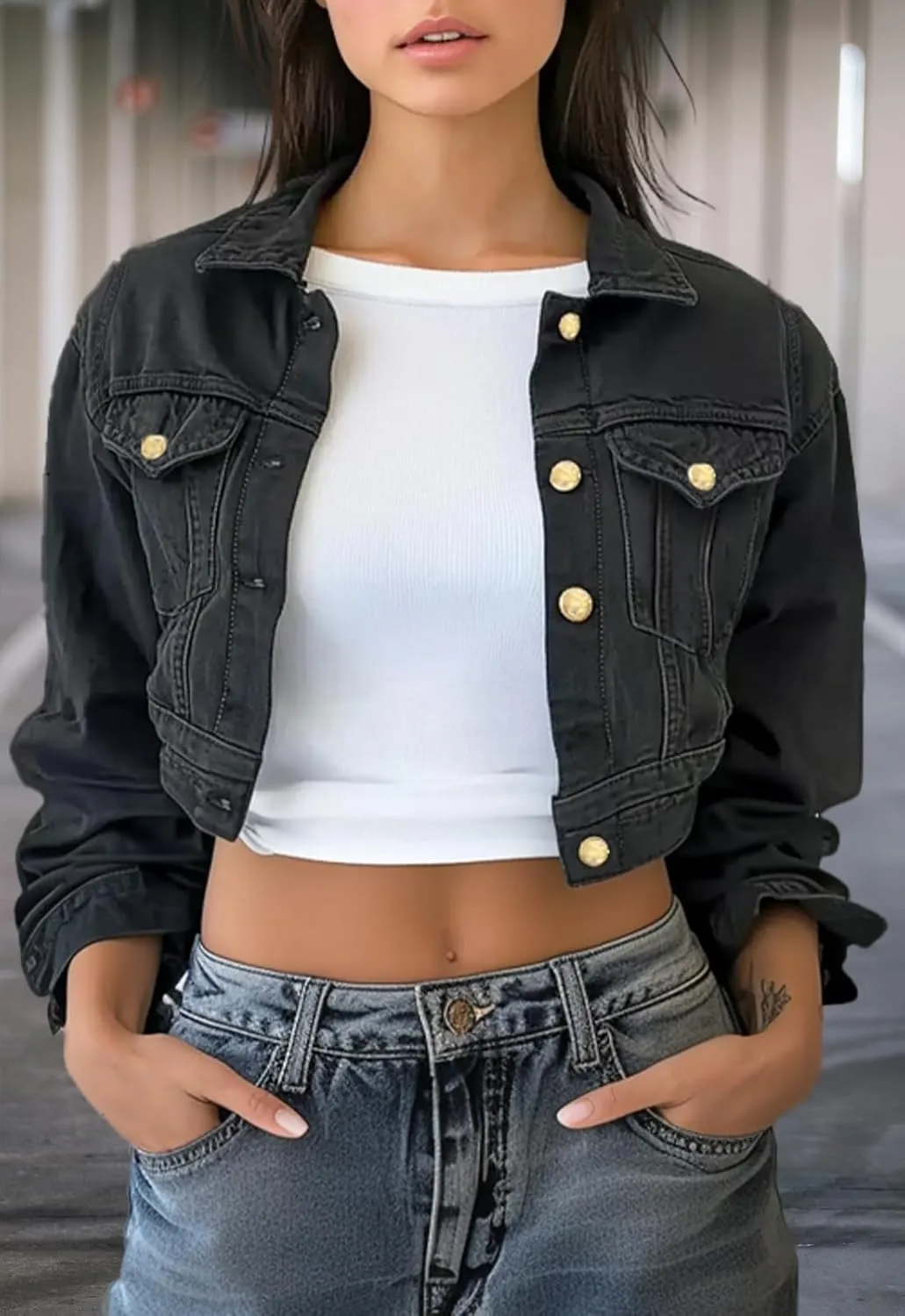 Trendy Washed Cropped Jean Jacket for Women - Short Denim Jacket in Black, Gray, Blue