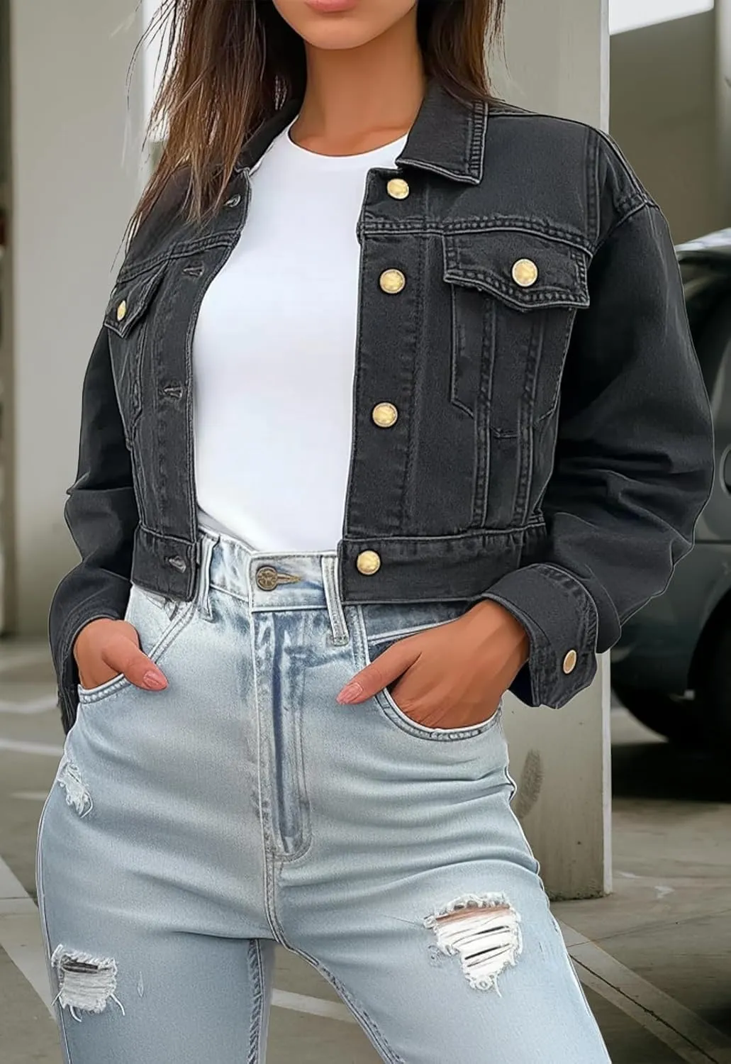 Trendy Washed Cropped Jean Jacket for Women - Short Denim Jacket in Black, Gray, Blue