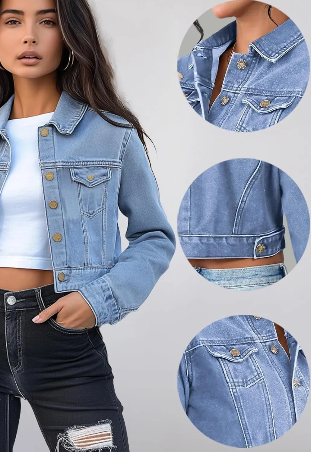 Trendy Washed Cropped Jean Jacket for Women - Short Denim Jacket in Black, Gray, Blue