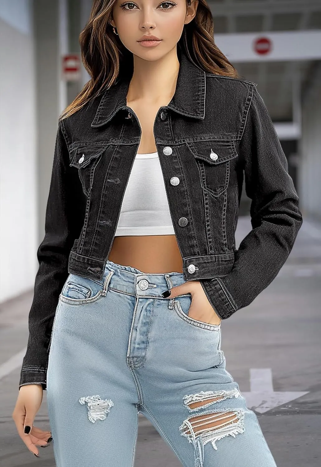 Trendy Washed Cropped Jean Jacket for Women - Short Denim Jacket in Black, Gray, Blue