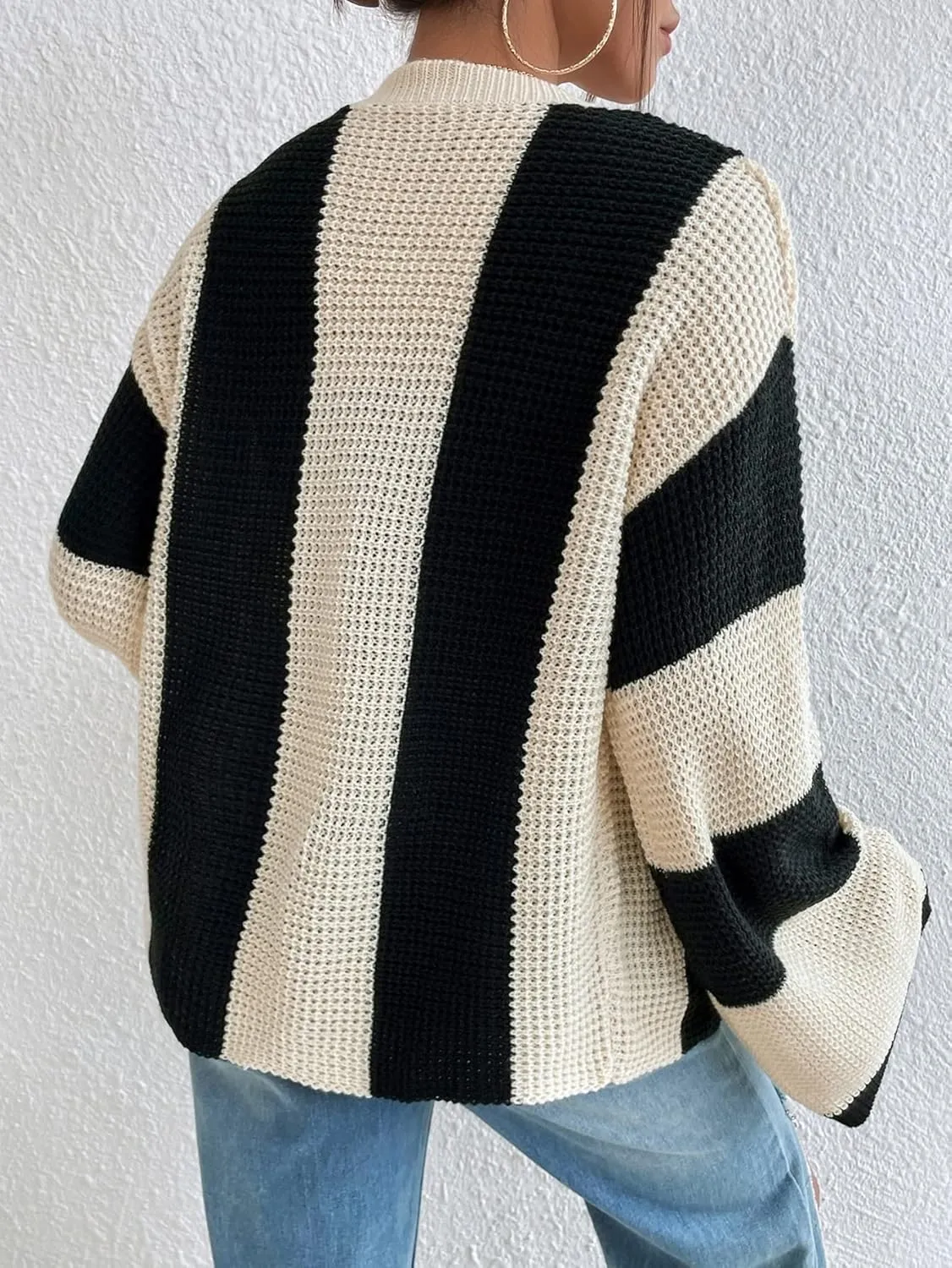 Verdusa Women's Colorblock Drop Shoulder Button Front Bell Sleeve Knitted Cardigan Sweater