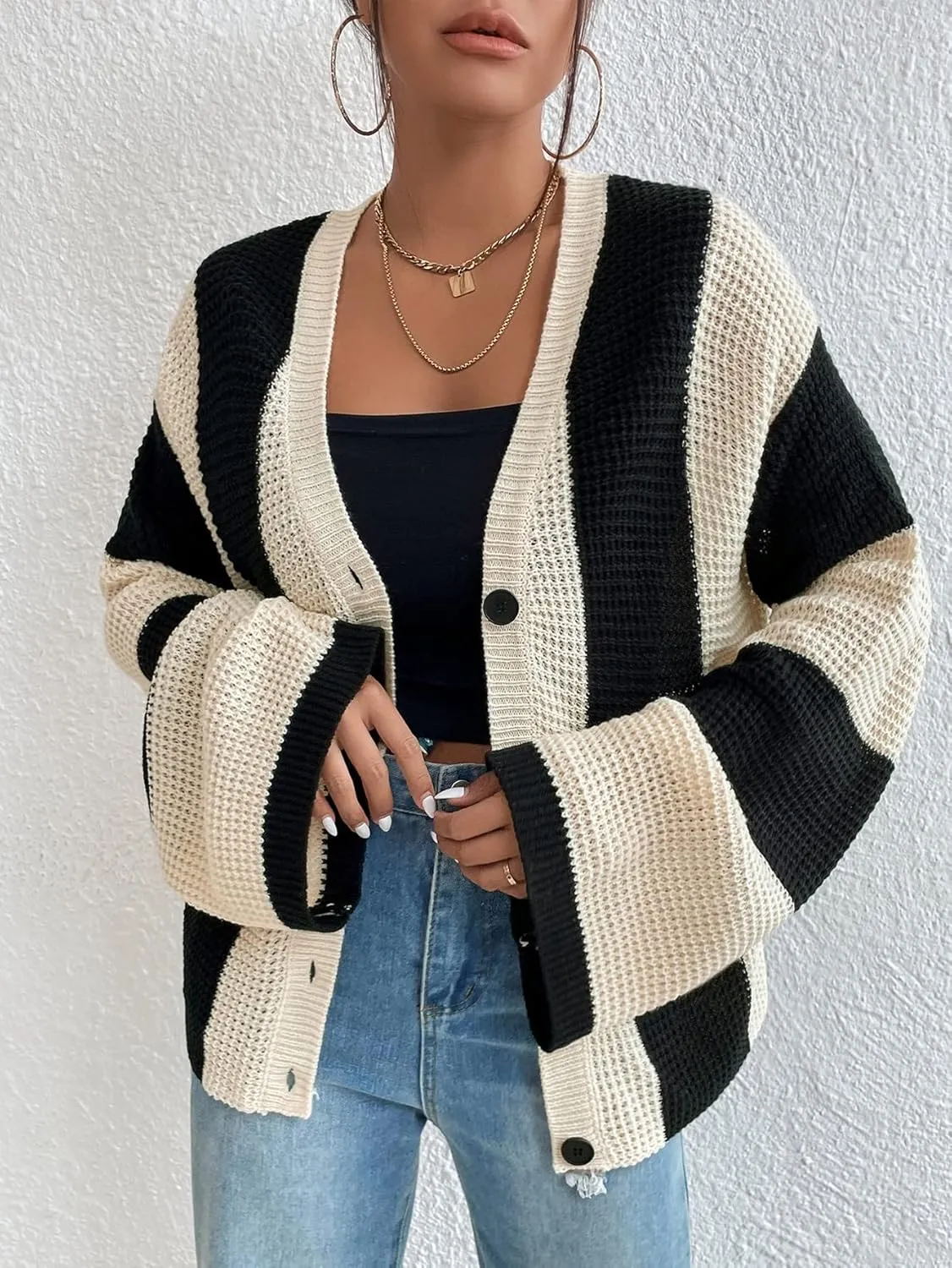 Verdusa Women's Colorblock Drop Shoulder Button Front Bell Sleeve Knitted Cardigan Sweater