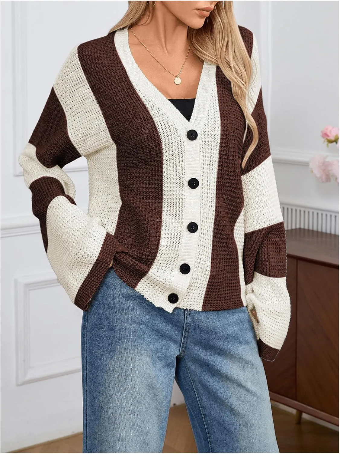 Verdusa Women's Colorblock Drop Shoulder Button Front Bell Sleeve Knitted Cardigan Sweater