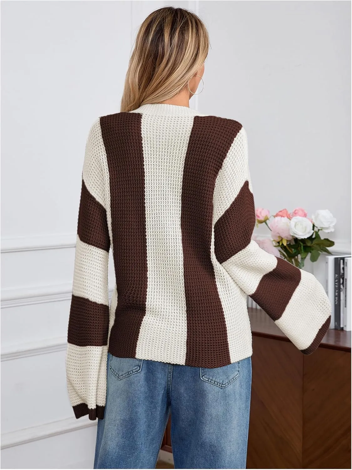 Verdusa Women's Colorblock Drop Shoulder Button Front Bell Sleeve Knitted Cardigan Sweater