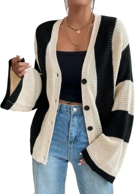Verdusa Women's Colorblock Drop Shoulder Button Front Bell Sleeve Knitted Cardigan Sweater