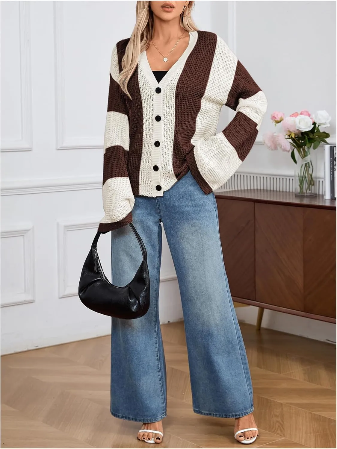 Verdusa Women's Colorblock Drop Shoulder Button Front Bell Sleeve Knitted Cardigan Sweater
