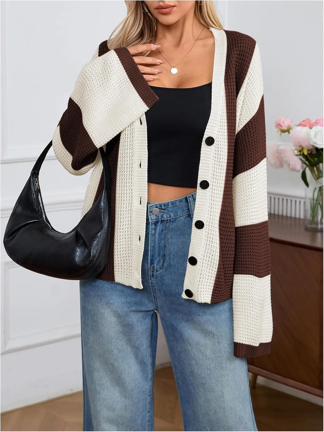 Verdusa Women's Colorblock Drop Shoulder Button Front Bell Sleeve Knitted Cardigan Sweater