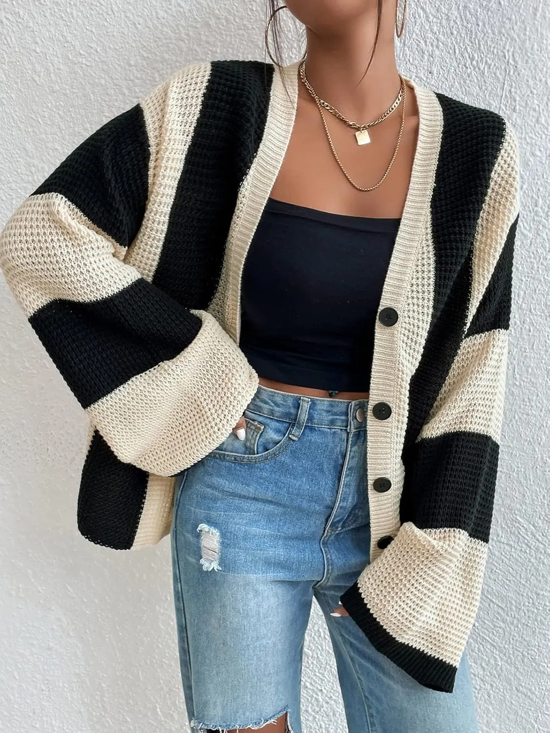 Verdusa Women's Colorblock Drop Shoulder Button Front Bell Sleeve Knitted Cardigan Sweater