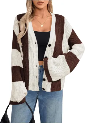 Verdusa Women's Colorblock Drop Shoulder Button Front Bell Sleeve Knitted Cardigan Sweater