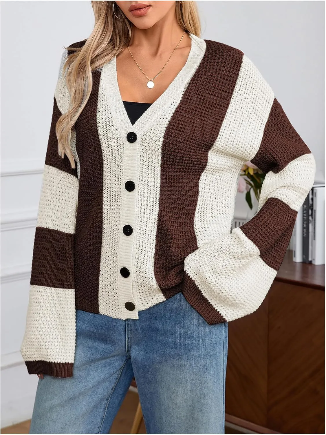 Verdusa Women's Colorblock Drop Shoulder Button Front Bell Sleeve Knitted Cardigan Sweater