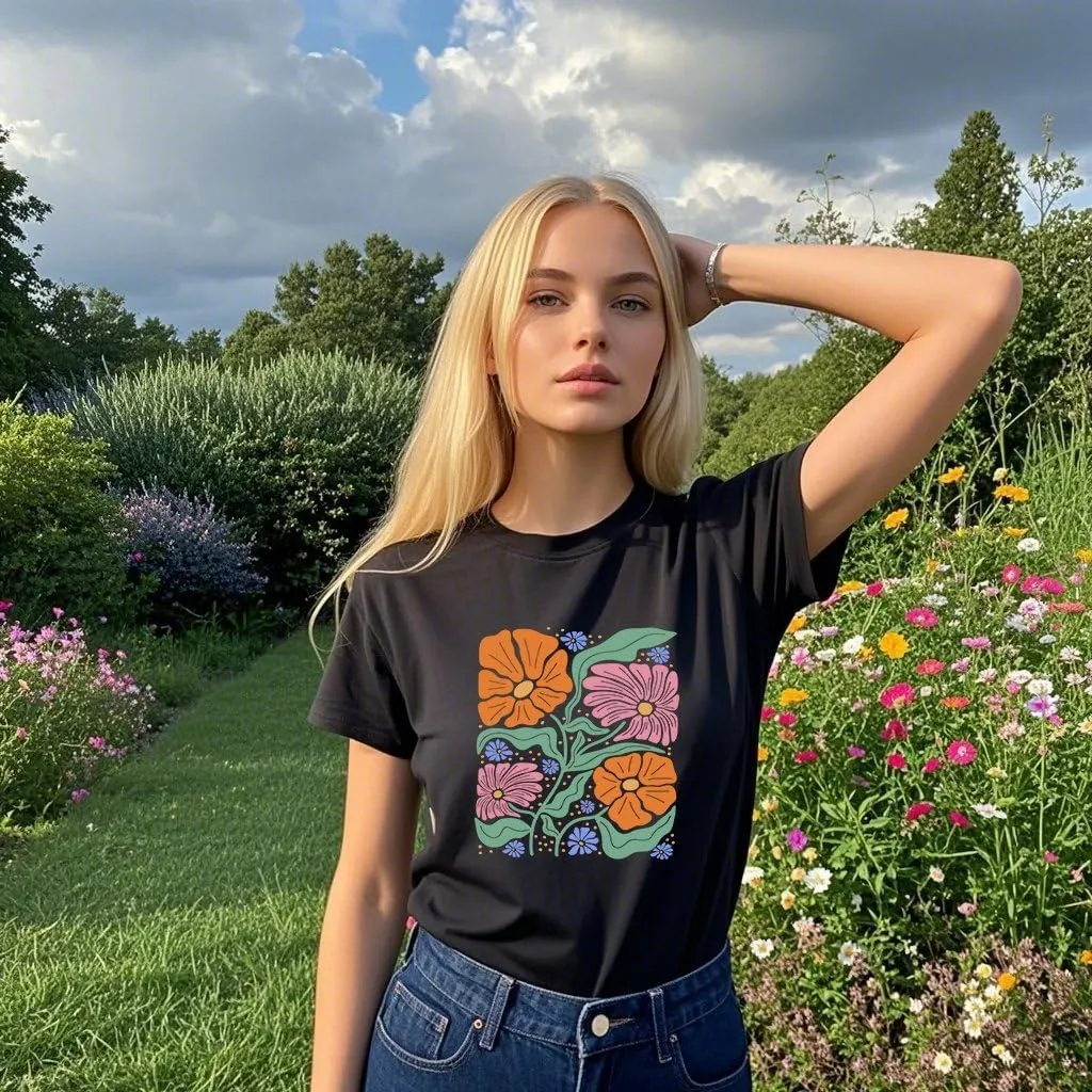Wildflower Shirt for Women Vintage Floral Tee Flower Plant Tops Sunflower Printed Casual Tees