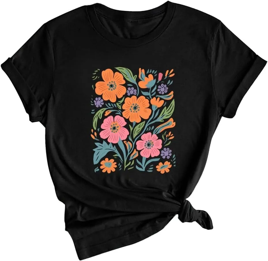 Wildflower Shirt for Women Vintage Floral Tee Flower Plant Tops Sunflower Printed Casual Tees