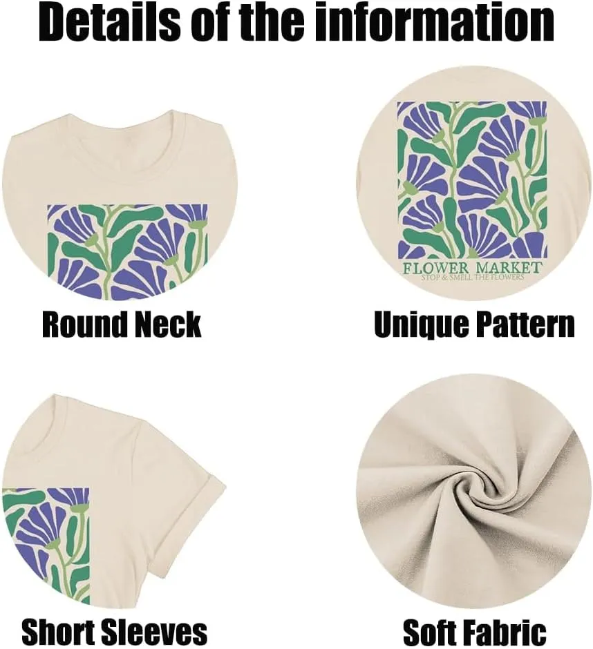 Wildflower Shirt for Women Vintage Floral Tee Flower Plant Tops Sunflower Printed Casual Tees