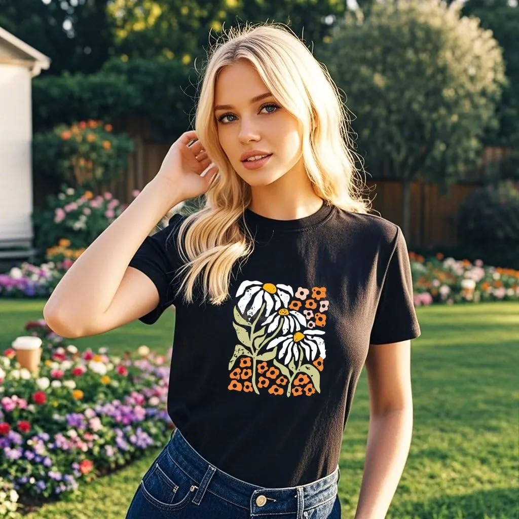 Wildflower Shirt for Women Vintage Floral Tee Flower Plant Tops Sunflower Printed Casual Tees