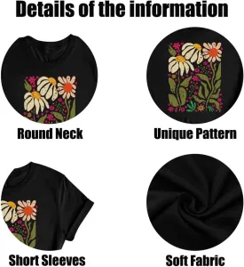 Wildflower Shirt for Women Vintage Floral Tee Flower Plant Tops Sunflower Printed Casual Tees