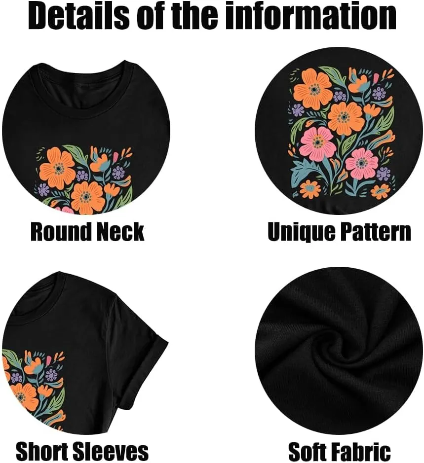 Wildflower Shirt for Women Vintage Floral Tee Flower Plant Tops Sunflower Printed Casual Tees