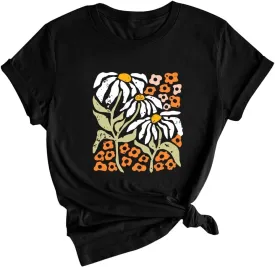 Wildflower Shirt for Women Vintage Floral Tee Flower Plant Tops Sunflower Printed Casual Tees