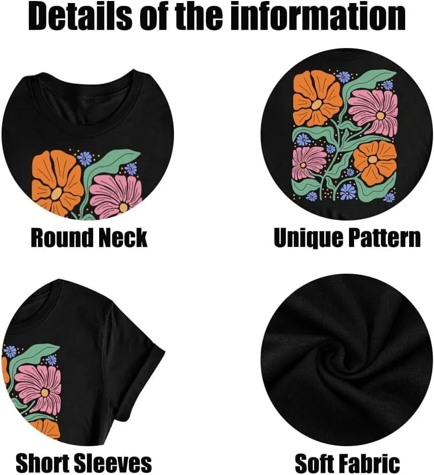 Wildflower Shirt for Women Vintage Floral Tee Flower Plant Tops Sunflower Printed Casual Tees