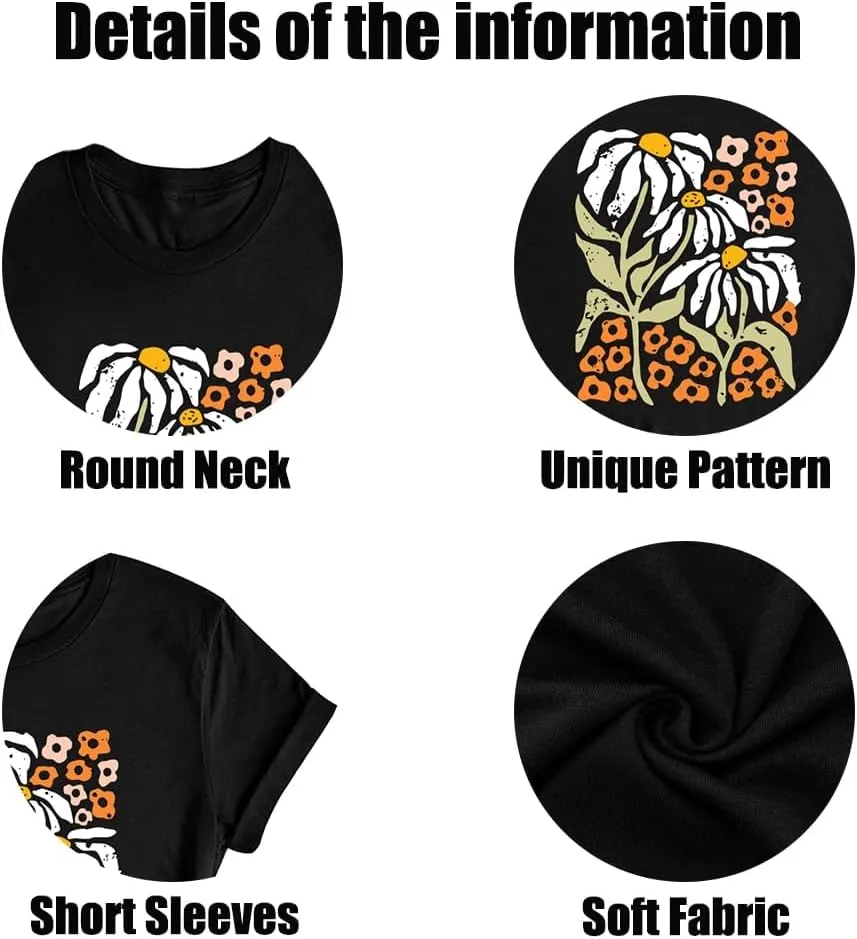 Wildflower Shirt for Women Vintage Floral Tee Flower Plant Tops Sunflower Printed Casual Tees