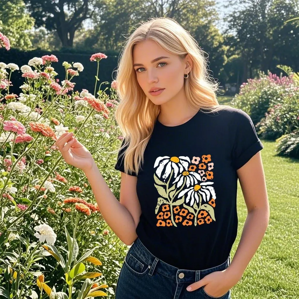 Wildflower Shirt for Women Vintage Floral Tee Flower Plant Tops Sunflower Printed Casual Tees